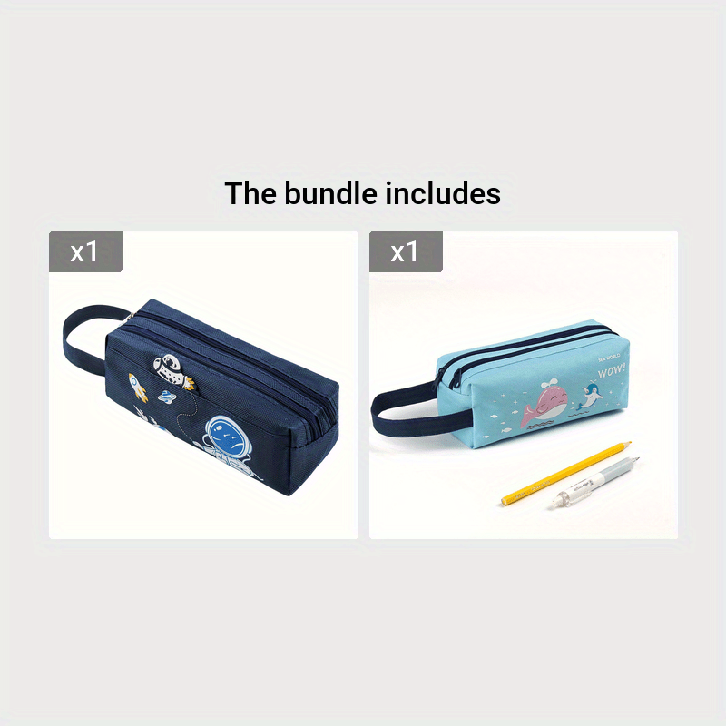 Space Astronaut Cartoon Animal Canvas Double-Layer Pencil Case for School Supplies