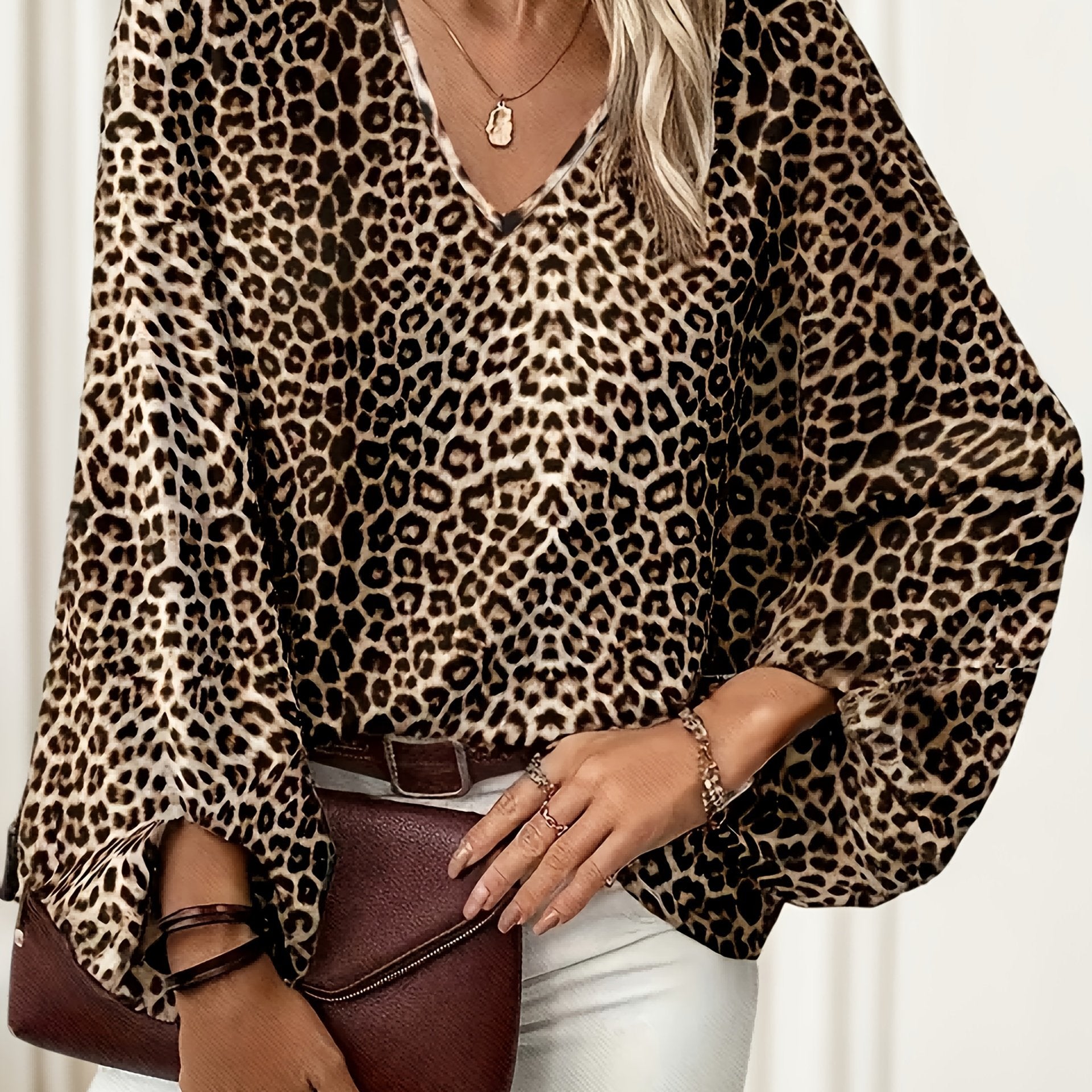 Women Leopard Print V-Neck Blouse with Lantern Sleeves and Cinched Waist