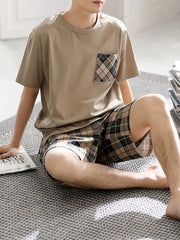 Men's Plaid Pajama Set Short Sleeve Shorts Comfortable Skin-Friendly Summer