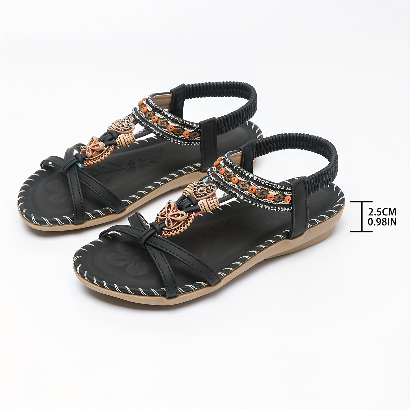 Women's Beaded Flat Sandals Open-Toe Casual Summer Shoes with Elastic Back Strap