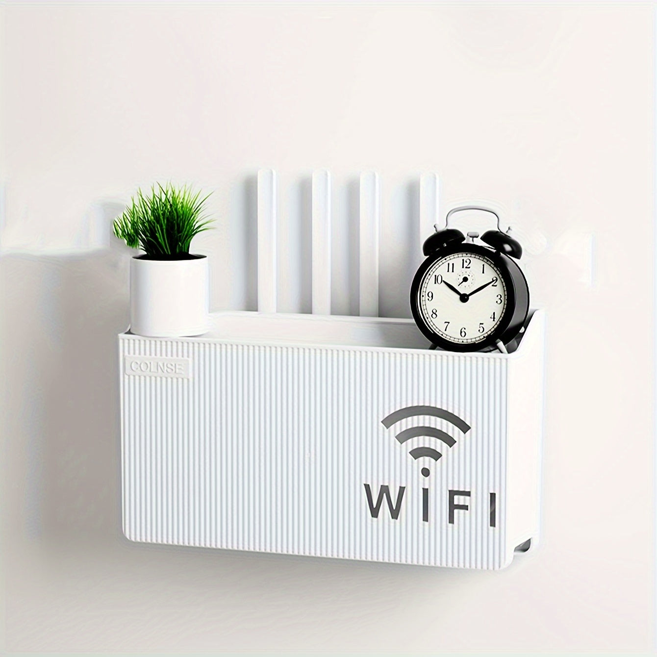 Estante de almacenamiento para pared sin taladro para router y caja de TV con ganchos útiles