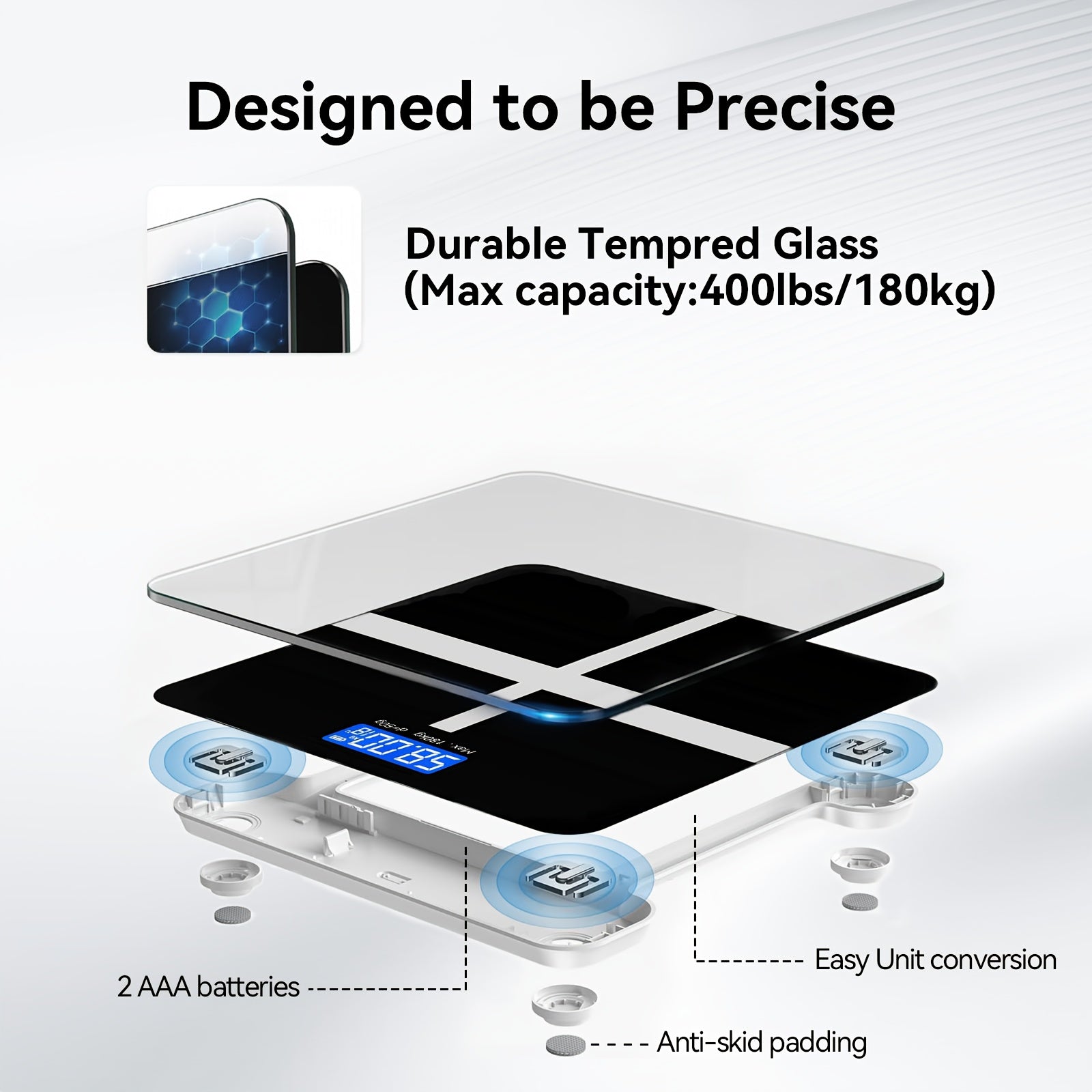 Yuqori aniqlikdagi elektron vazn o'lchagich, 179.62 KG sig'im, KG va funtlar o'rtasida almashtiriladigan, keng platforma, harorat bilan LCD ekran, uy va sport zalida foydalanish uchun ideal.
