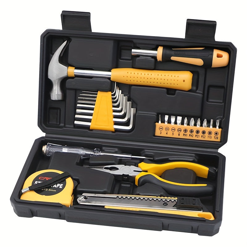 25/26 Piece Household Hand Tool Set with Yellow Plastic Toolbox for DIY and Home Repairs