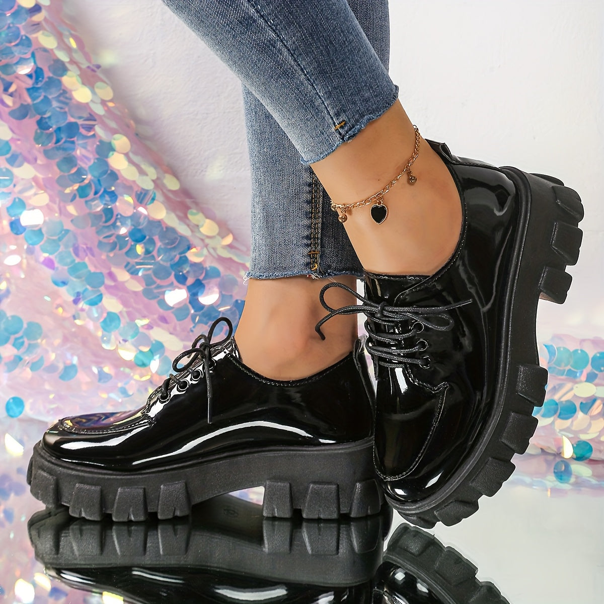 Women's Chunky Platform Loafers Glossy Black PU Lace-Up Shoes