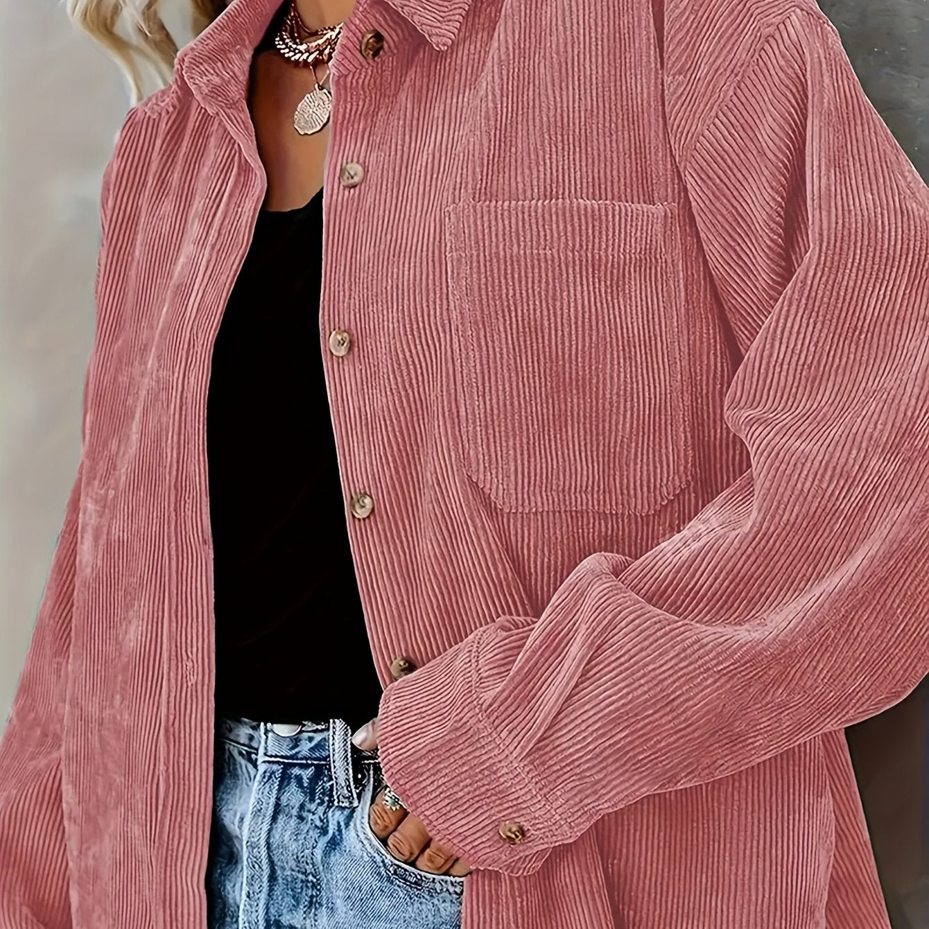 Plus Size Women's Corduroy Button-Up Shirt Long Sleeve Solid Polyester