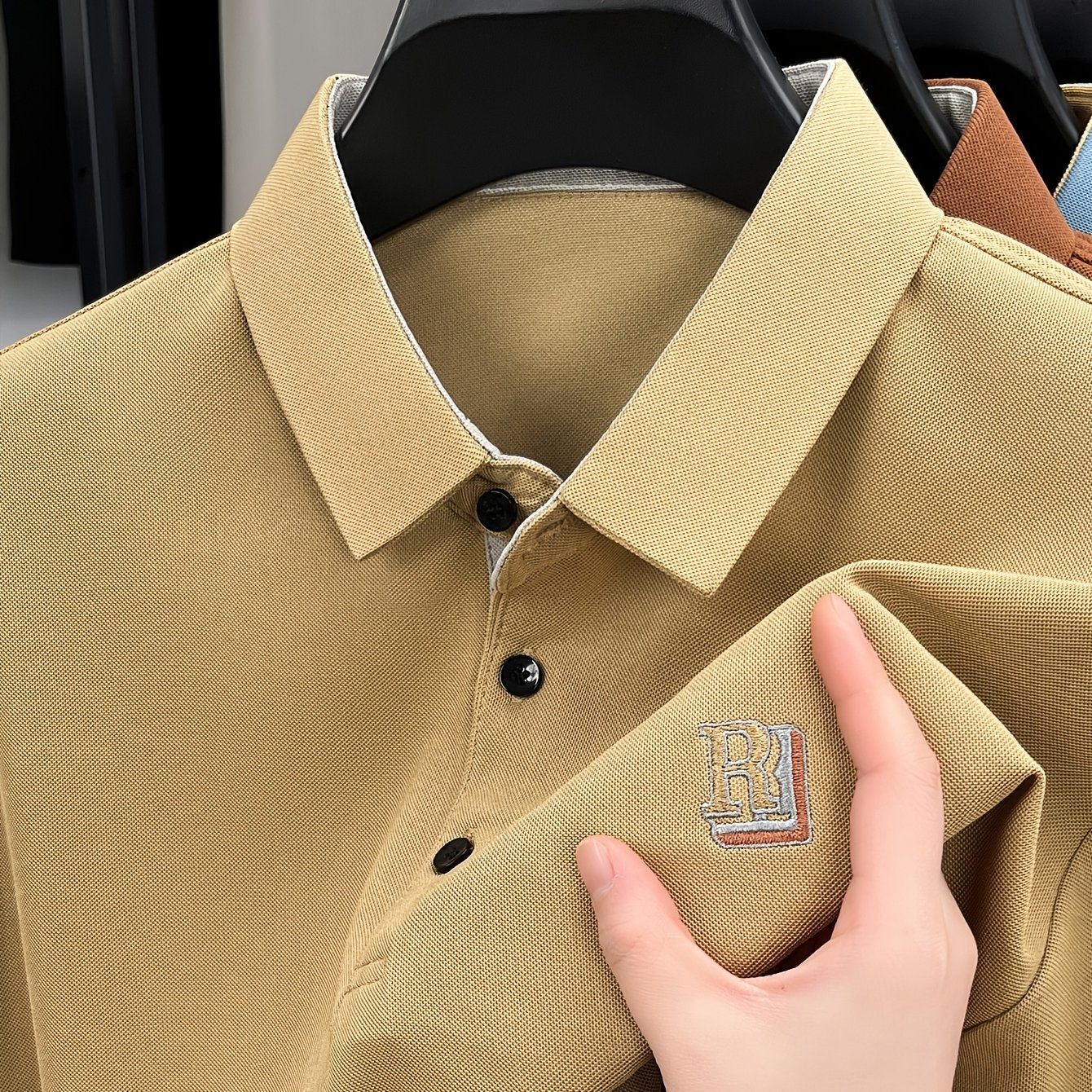 Men's Summer Casual Knitted Shirt Short Sleeve Embroidered Lettering Solid Color Breathable Fabric