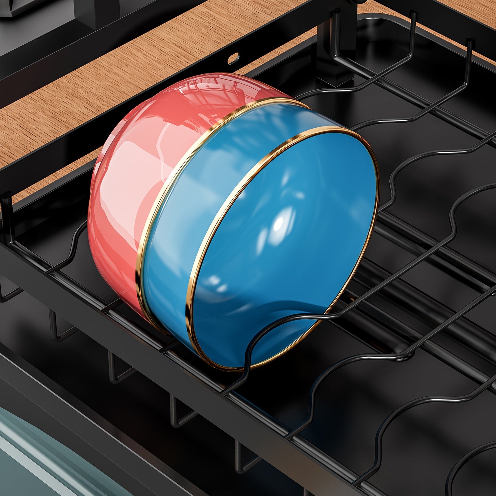 2-Tier Dish Draining Rack with Cutlery Holder Anti-Rust Black Metal Kitchen Organizer