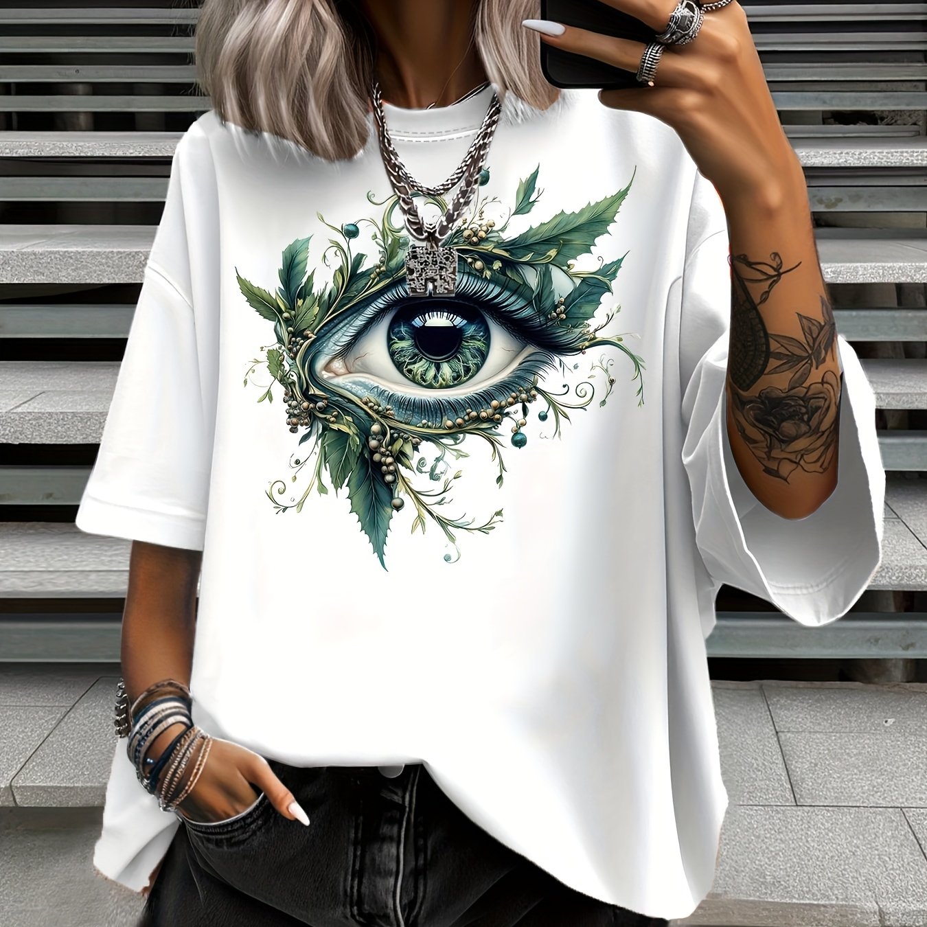 Women's Plus Size Nature-Inspired Eye Print T-Shirt Casual Short Sleeve Green Leaf