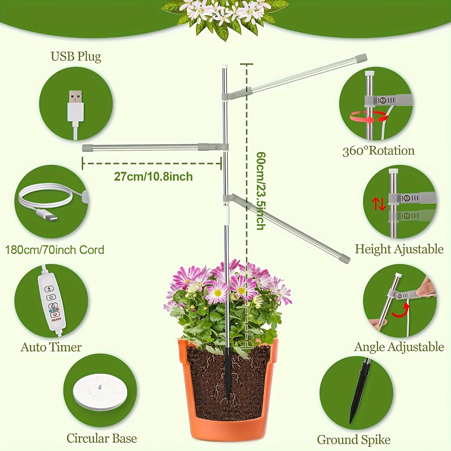 Indoor Plant LED Grow Light with 3 Heads USB Powered Adjustable Gooseneck 3 Lighting Modes