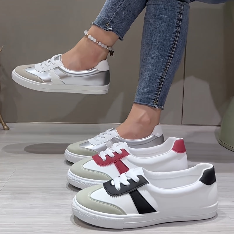 Women's Casual White Sneakers with Color Block Design and Lightweight Sole