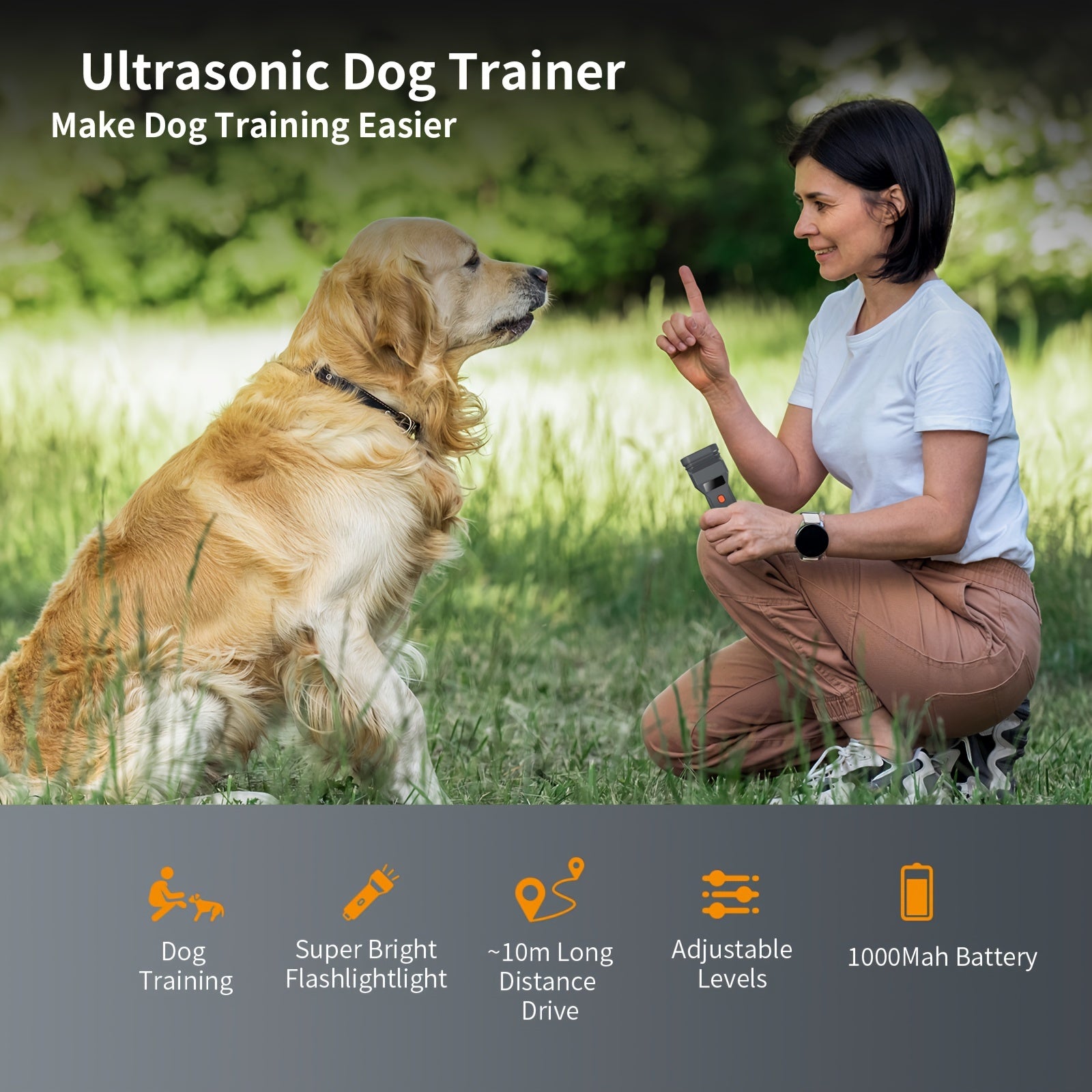 Dog Repeller with Soundwave Technology, 3 Emitters, Beep Sound and Flashlight for Outdoor Use