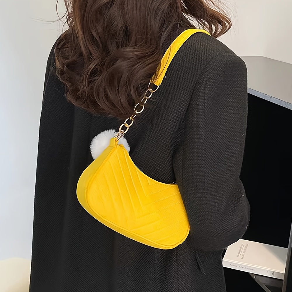 Bolso de hombro de fieltro para mujer con charms de pom-pom, correa ajustable, diseño acolchado en blanco, rojo y negro