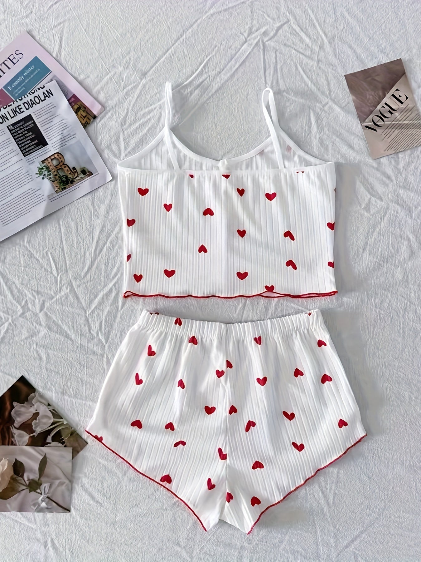 Heart Print Ribbed Pajama Set for Women Backless Crop Top Shorts Summer Nightwear