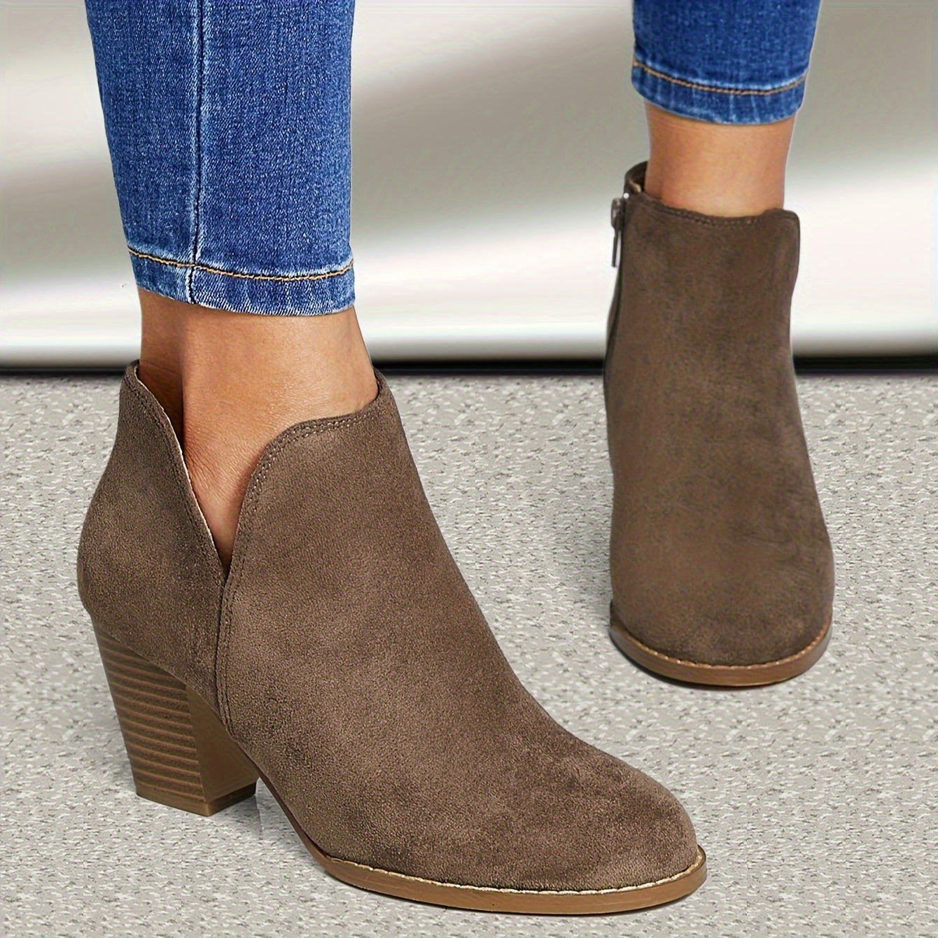 Women's Ankle Boots With Zipper Closure, High Block Heels, PU Lined