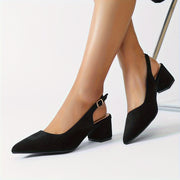 Women's Black Velvet Pointed Toe Pumps with Ankle Strap and Mid Heel