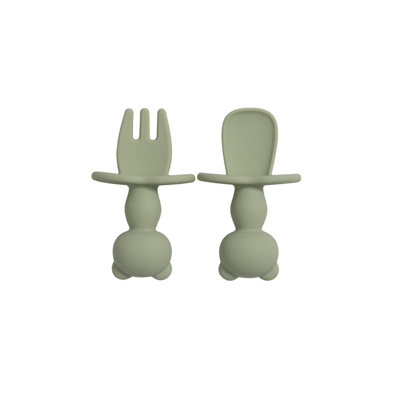 Juego de alimentación para bebé de 2 piezas, tenedor y cuchara de silicona Panda, suave, libre de BPA, vajilla para niños pequeños