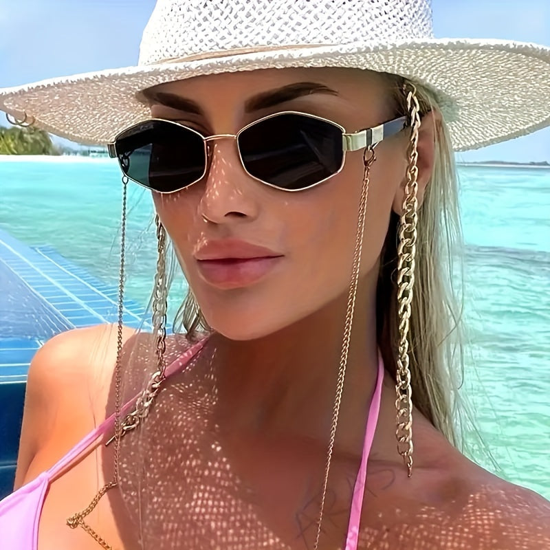 Vintage Hiphop Polygon Metal Glasses with Anti Glare Sun Shades and Chain for Women