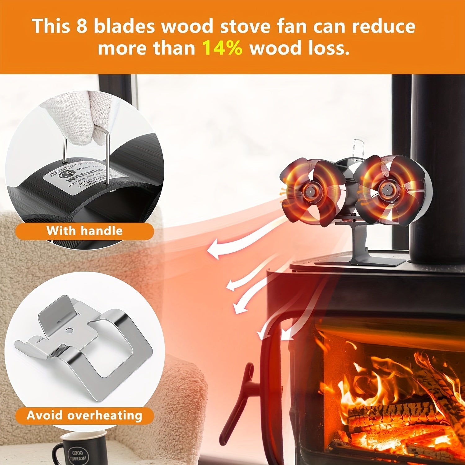 Double Motor Wood Burning Stove Fan Black Aluminum for Fireplace and Heater