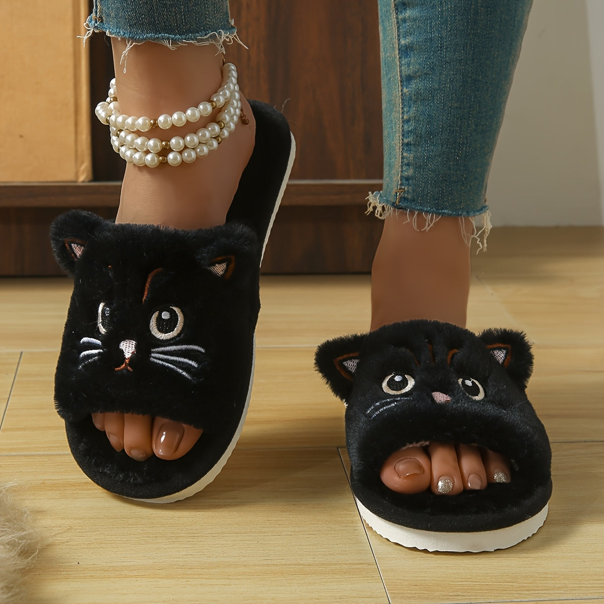 Ayollar uchun Cartoon Cat mo'rt shlyapa paxtali ichki poyabzal, yopiladigan slip-on oyoq kiyim