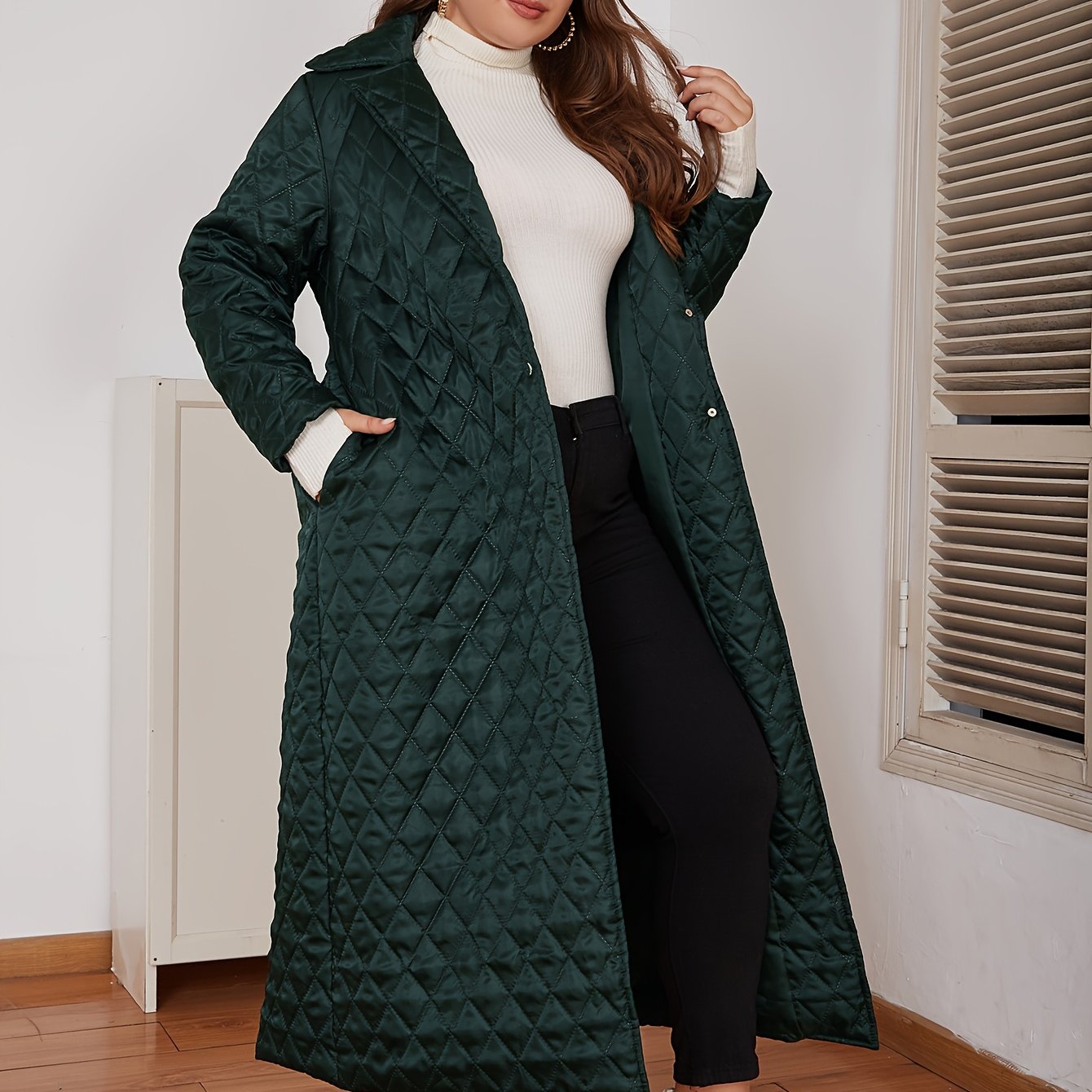 Plus Size Long Coat for Fall Winter Polyester V-Neck Solid Color Casual