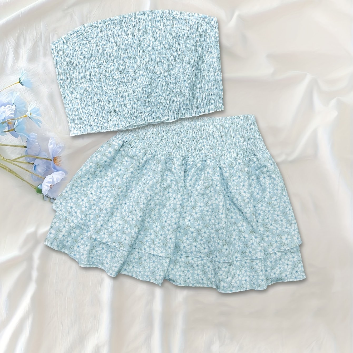 Women's Off-Shoulder Geometric Print Two-Piece Outfit Polyester Spandex Shirred