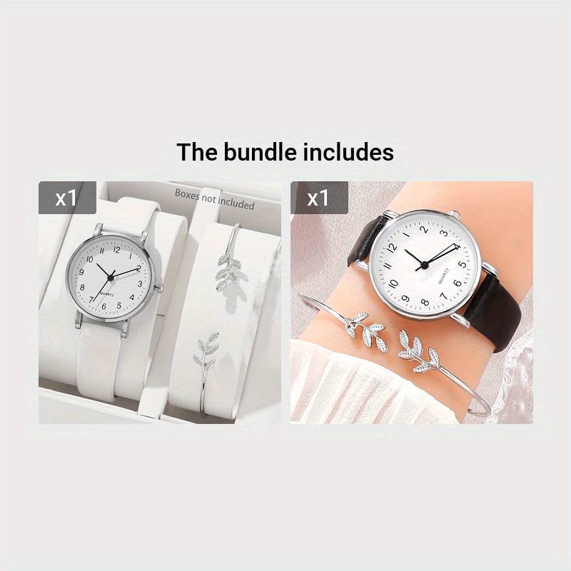 Ayollar uchun kvarts soat va yaproq bangle to'plami, charm strap va aniq displey bilan