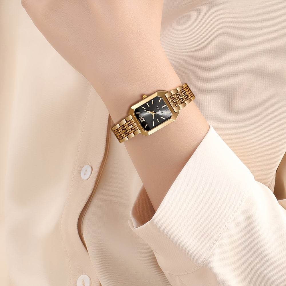 Women's Quartz Watch with Gold-Tone Rectangle Case, Multi-Color Dial, Shockproof Alloy