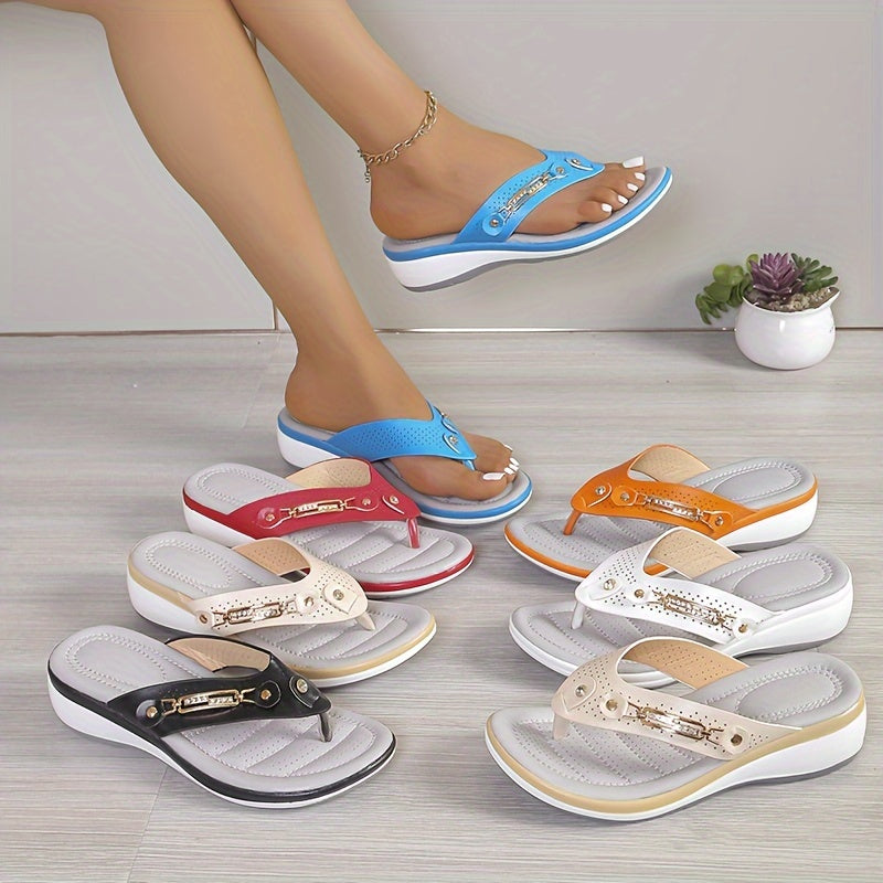 Women's Solid Color Flip Flops Rhinestone Buckle Summer Wedge Slides