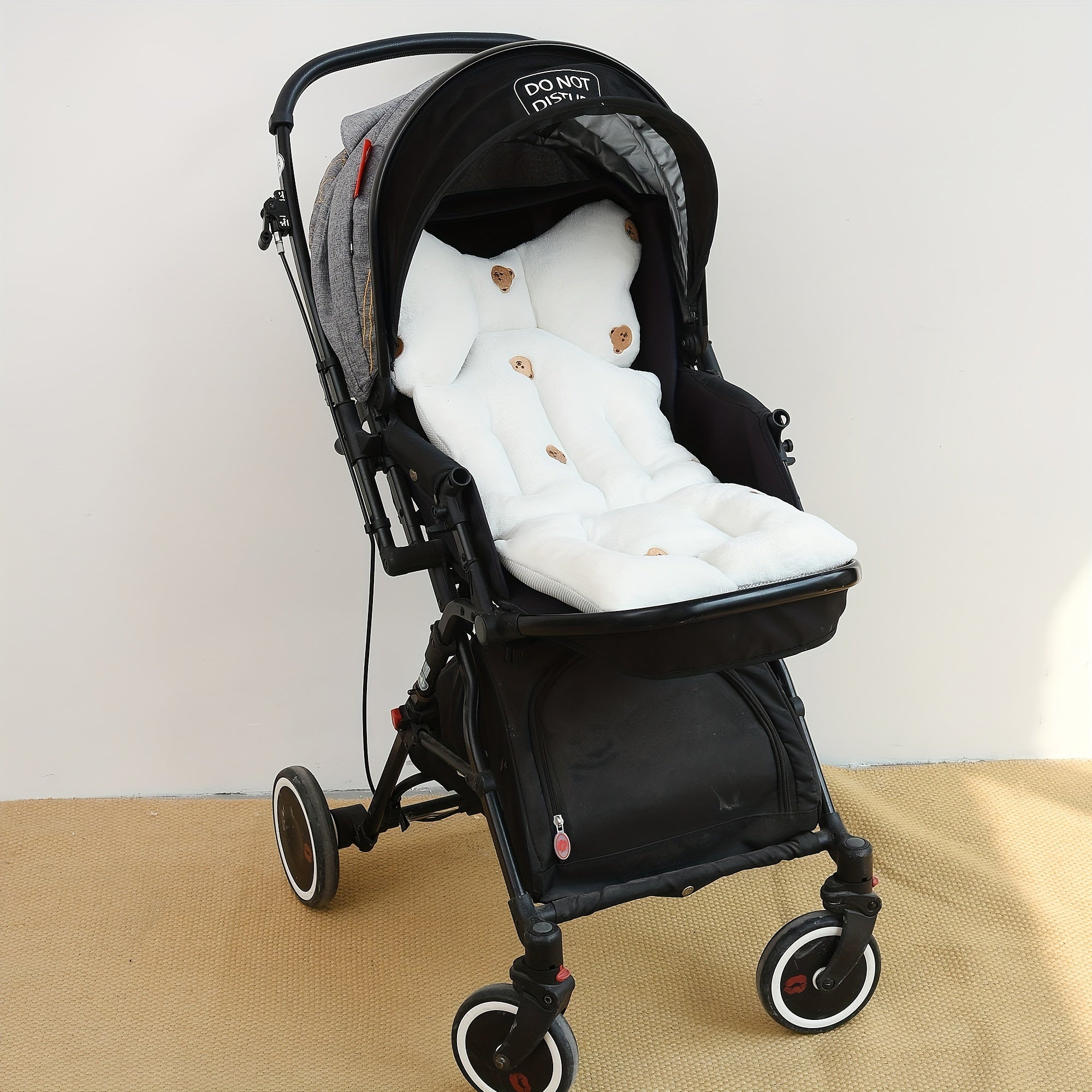 Almohadilla para cochecito de bebé con patrón de oso de peluche, bordada, acolchado grueso, suave y cálido