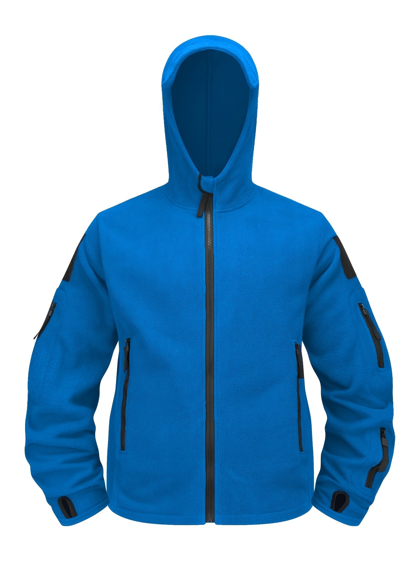 Men's Royal Blue Fleece-Lined Hooded Jacket with Zipper Pockets for Winter Outdoor Activities