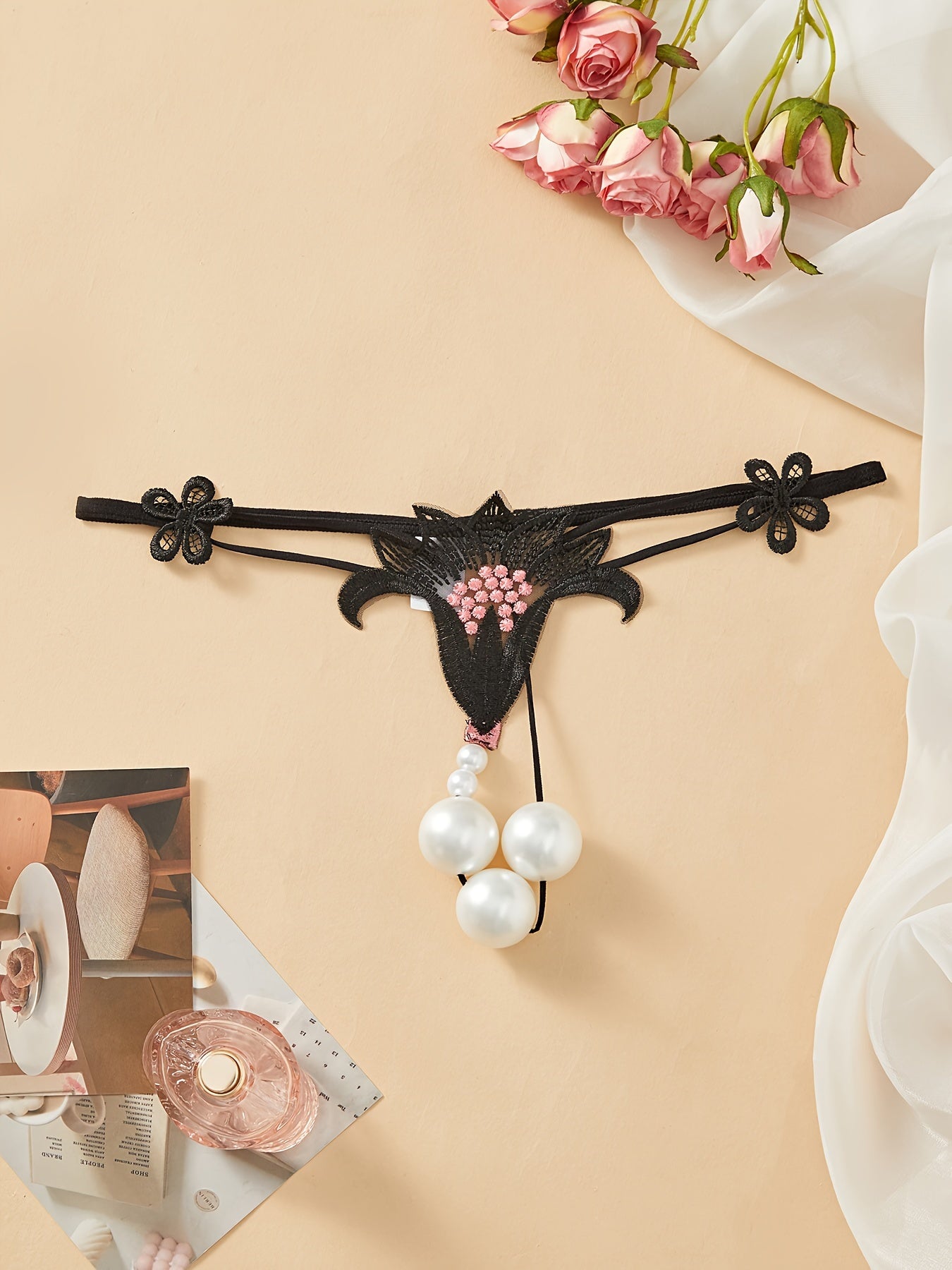 Women's Floral Beaded Low-Rise Thong Panties Lingerie