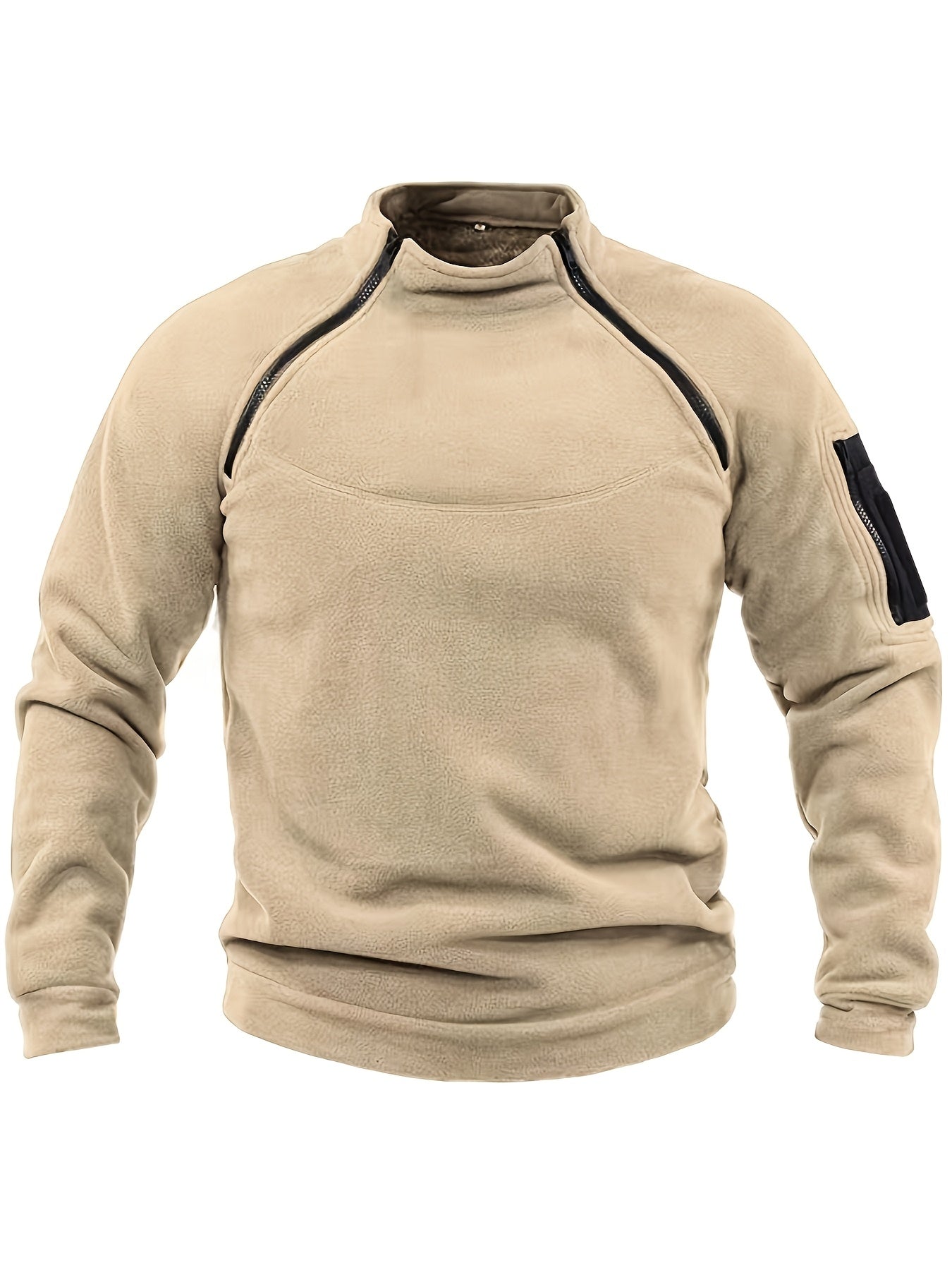 Men's Fleece Sweatshirt Beige Black Zipper Stand Collar Casual Winter Outdoor