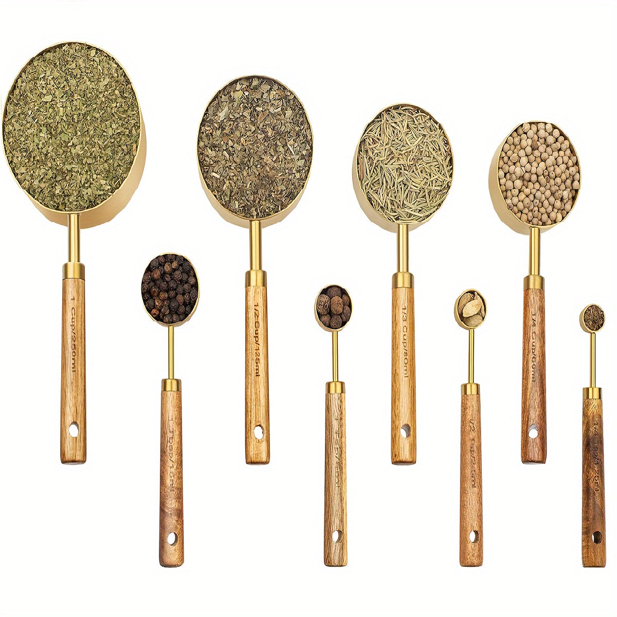 Golden Measuring Cup and Spoon Set with Wooden Handles, Durable Metal, Accurate Measurements