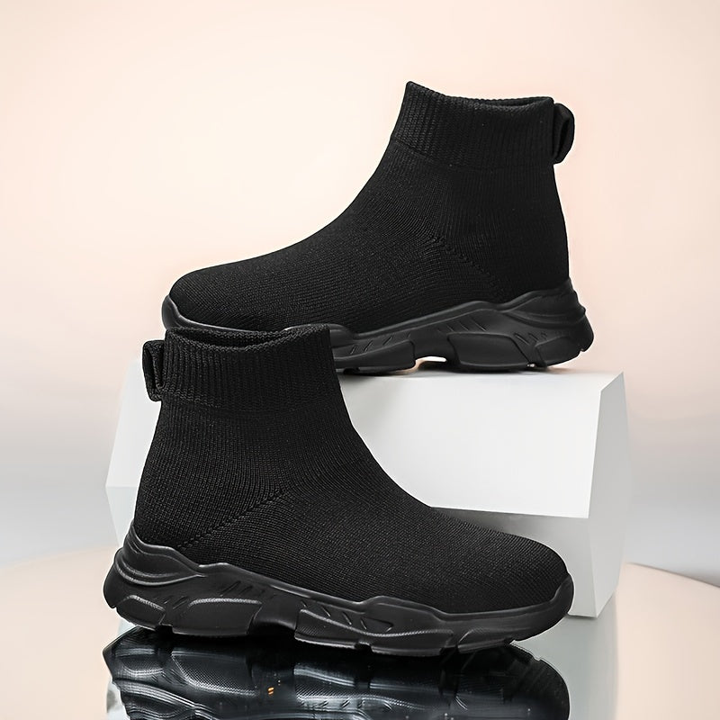 Women's Slip-On High-Top Sneakers Breathable Knit Black White Sole