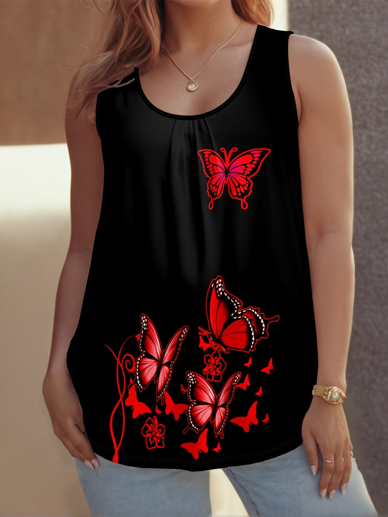 Женская майка без рукавов большого размера черная с бабочками и цветами, 3D-принт, повседневная летняя