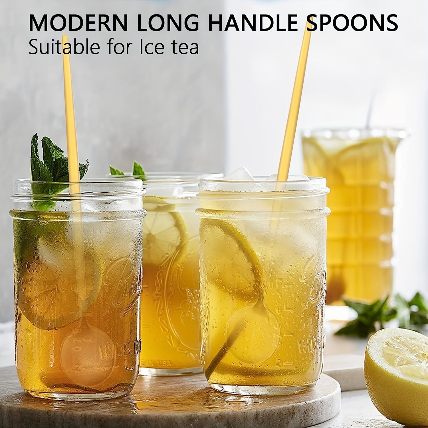 6-Piece Set of Golden Stainless Steel Ice Tea Spoons for Cocktails Coffee and Soda