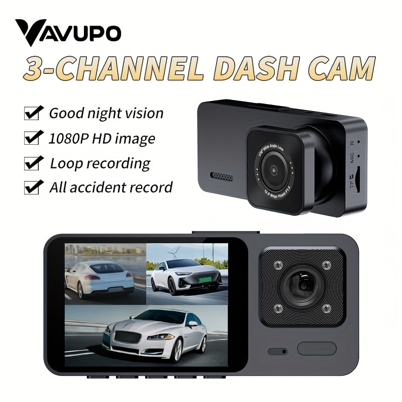 3-камерный автомобильный видеорегистратор с ночным видением, 1080P, широкий угол 170°