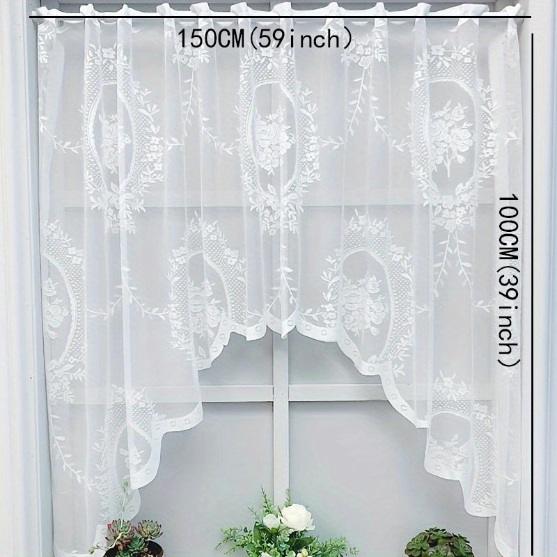 American Country Style Sheer Curtain with Floral Lace Half-Curtain Rod Pocket Semi-Transparent Polyester for Kitchen and Living Room