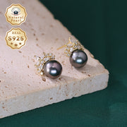 Sterling Silver Pearl Earrings 8-9mm Black Round Natural Deep Sea Jewelry for Women