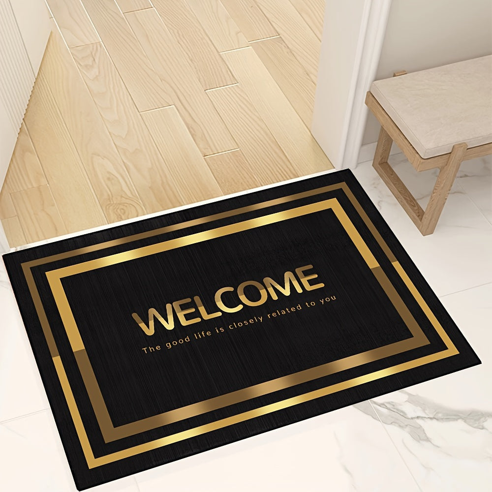 Black and Gold Welcome Door Mat Non-Slip Machine Washable Polyester
