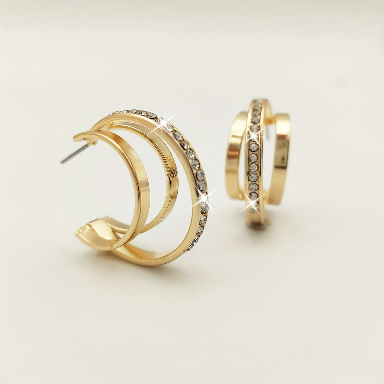 Women's Rhinestone Decor Triple Layer Hoop Earrings Gold Silver Elegant Jewelry