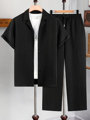 Men's Casual 2-Piece Set Short-Sleeve Cuban Collar Shirt and Drawstring Pants Polyester Blend Spring Fall