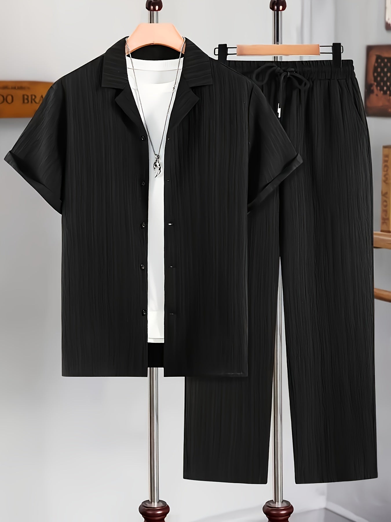 Men's Casual 2-Piece Set Short-Sleeve Cuban Collar Shirt and Drawstring Pants Polyester Blend Spring Fall