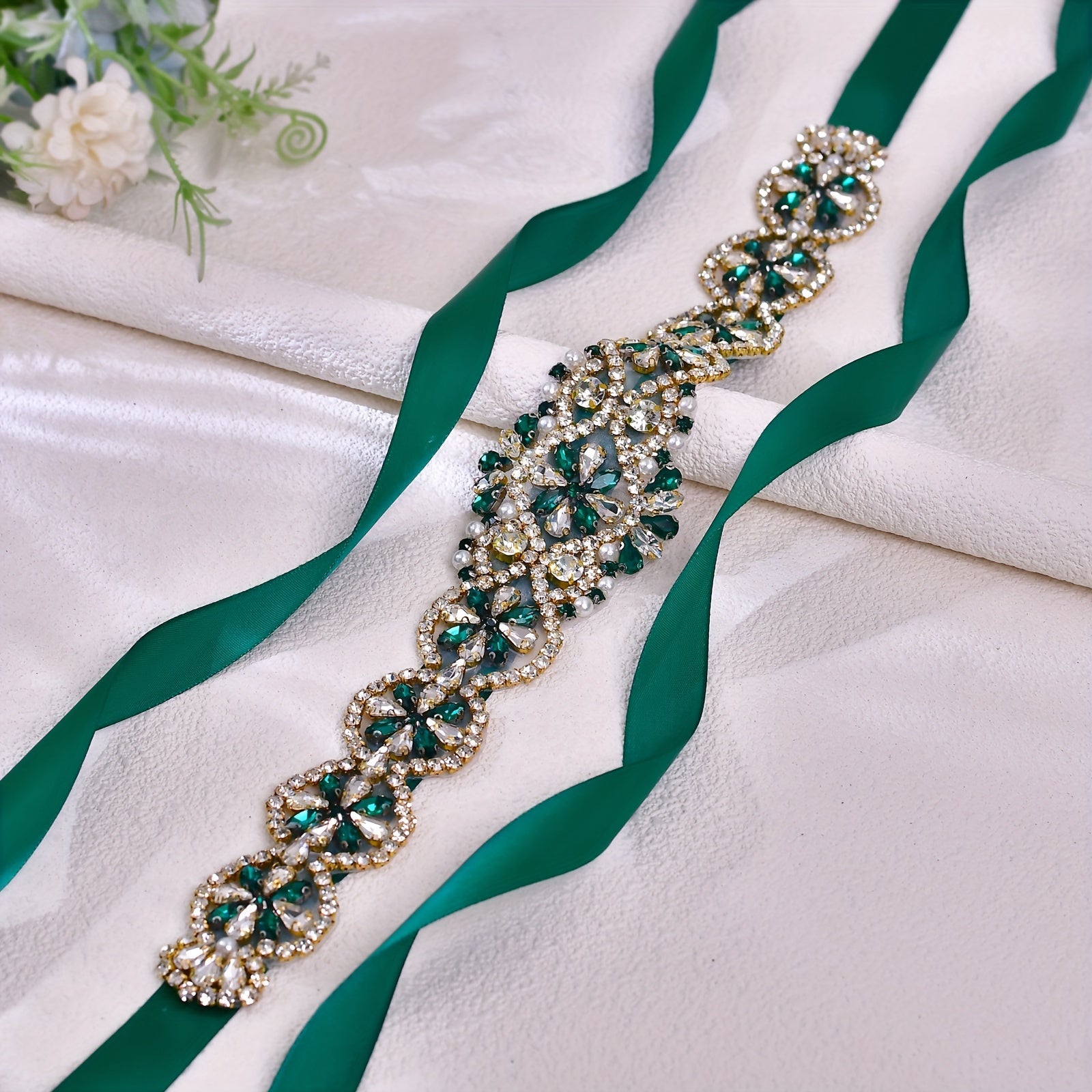 Cinturón de novia con pedrería verde para vestido de novia para eventos formales