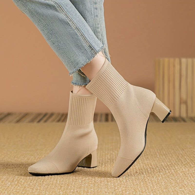 Women's Ankle Boots Breathable Knit Slip-On Block Heel Solid Color