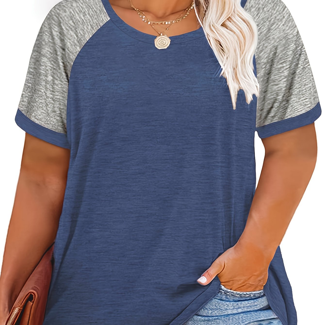 Plus Size Women's Summer Casual Raglan Color Block T-Shirt Soft Breathable Tee