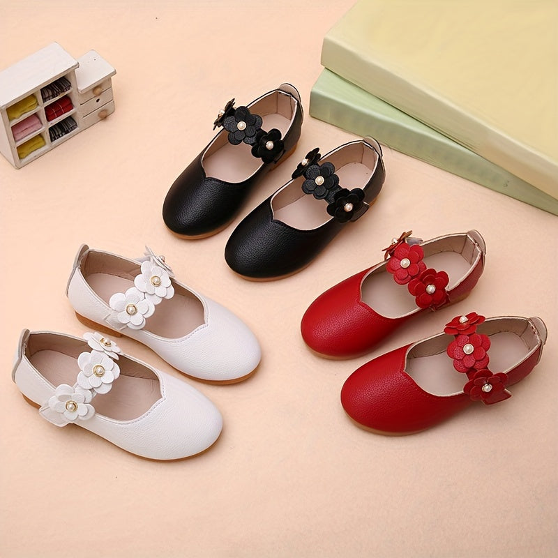 Zapatos Mary Jane para niñas con flores, parte superior de PU ligera y antideslizante para todas las estaciones