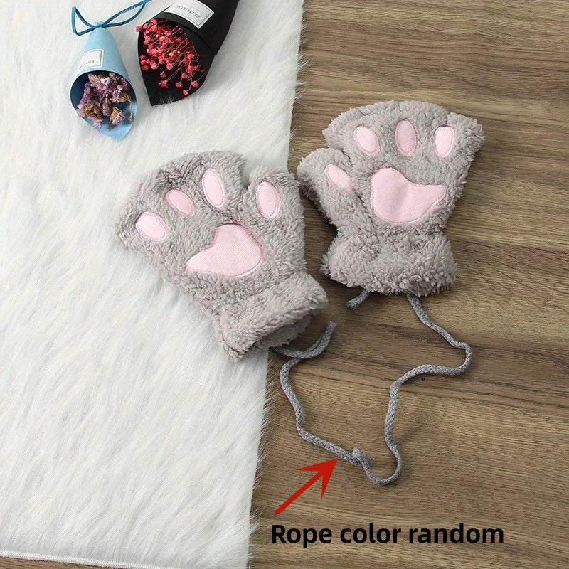 Thickened Half-Finger Winter Gloves with Cartoon Cat Paw Design for Warmth and Touchscreen Use