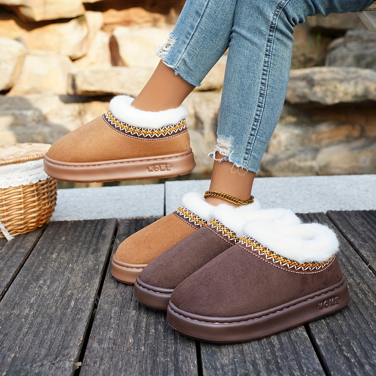 Women Cozy Fleece Lined Slippers Warm Brown Indoor Slip-Ons