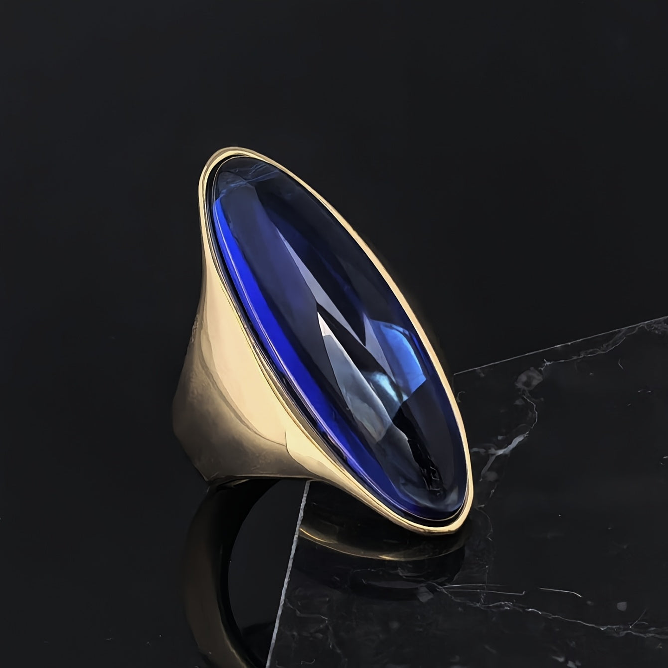 Women's Stainless Steel Ring with Blue Sapphire and 18K Gold Plating